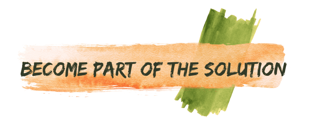 Logo with water colour effect orange stripe and green cross, with the text 'become part of the solution'